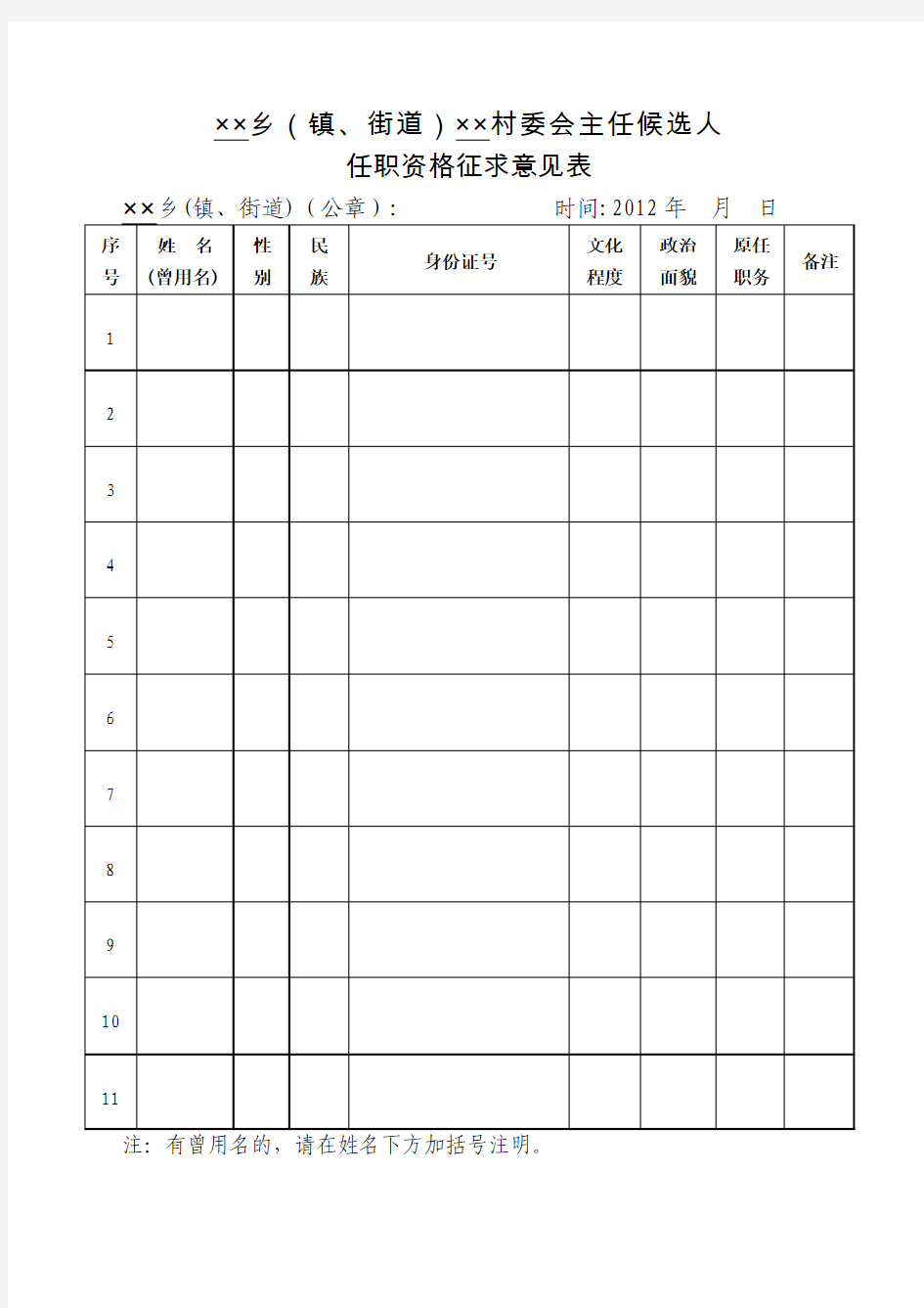 村委会主任候选人任职资格征求意见表