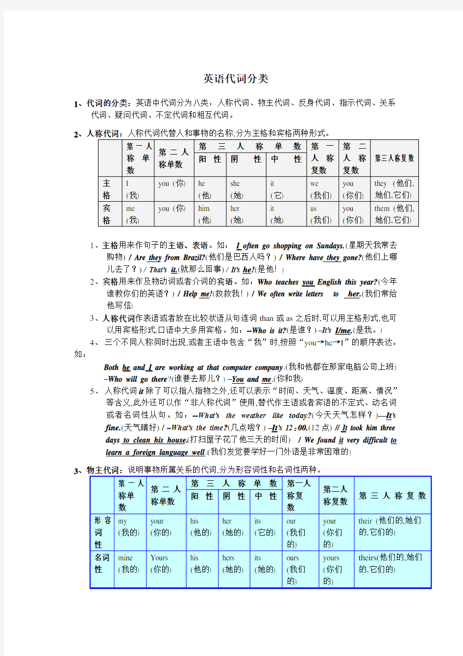 英语代词分类