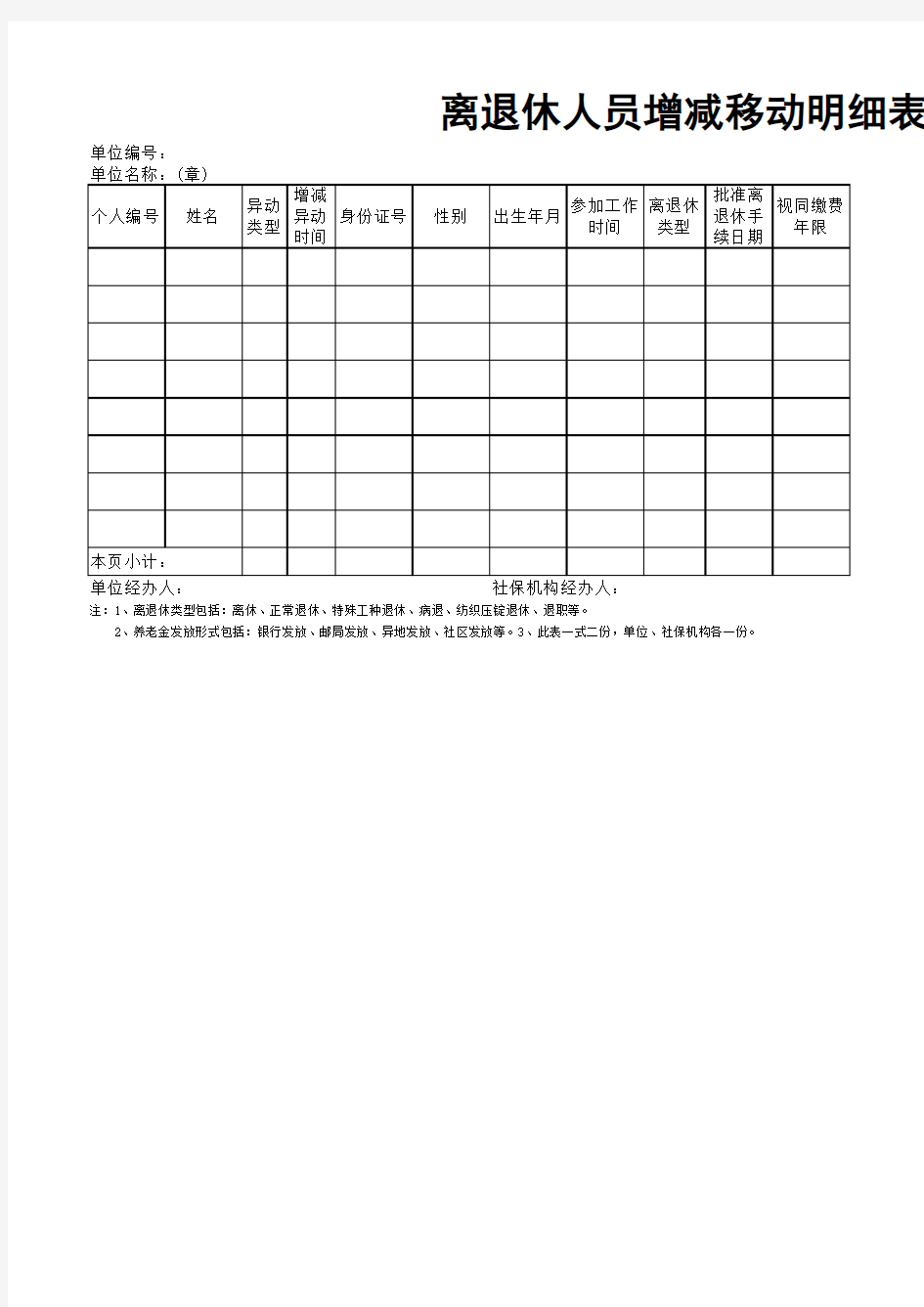 离退休人员增减异动明细表 湖北