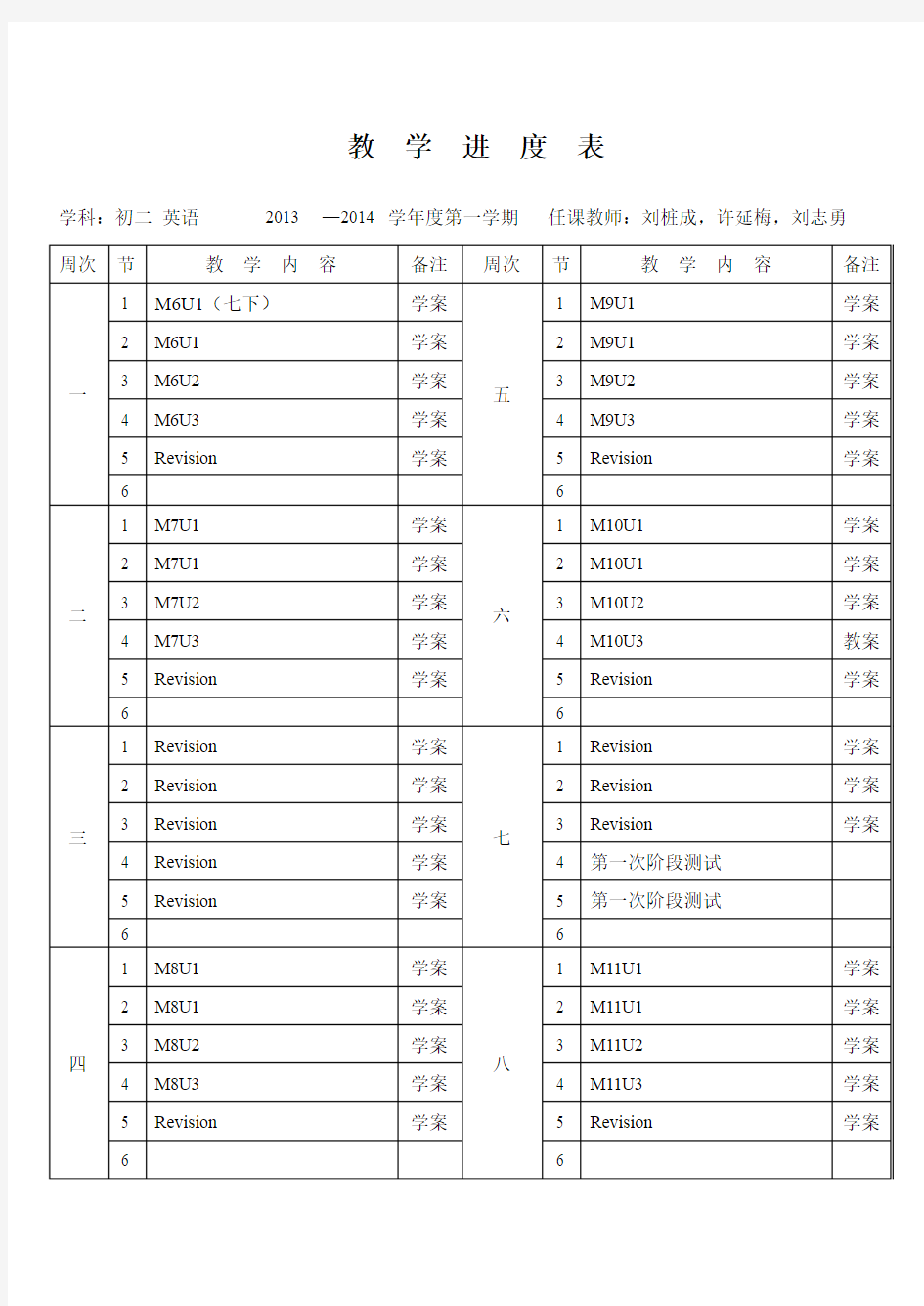 英语进度表