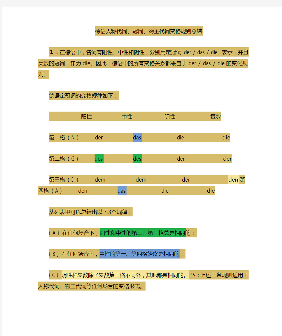 德语 冠词物主代词人称代词变格