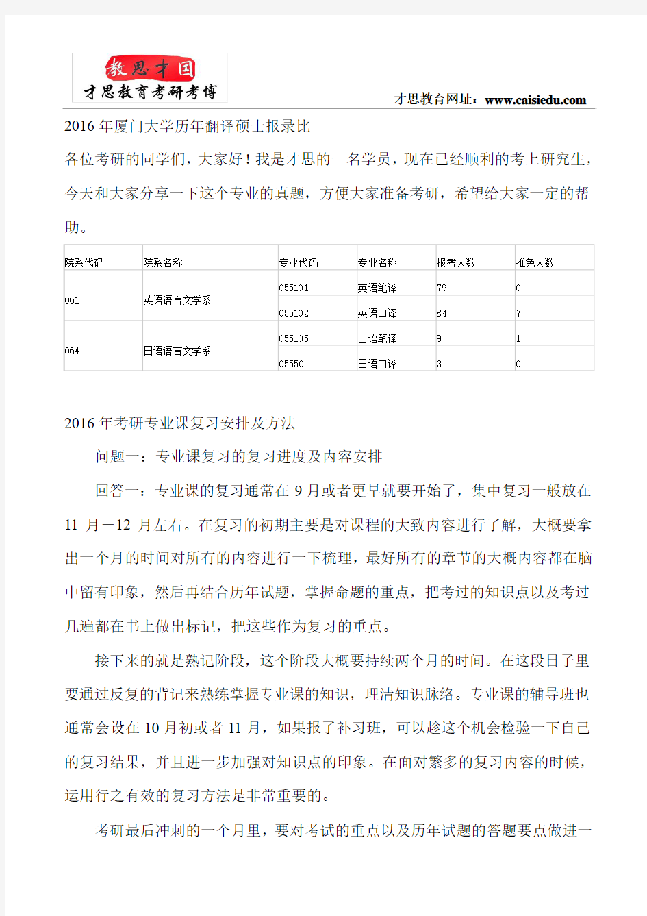 2016年厦门大学历年翻译硕士报录比