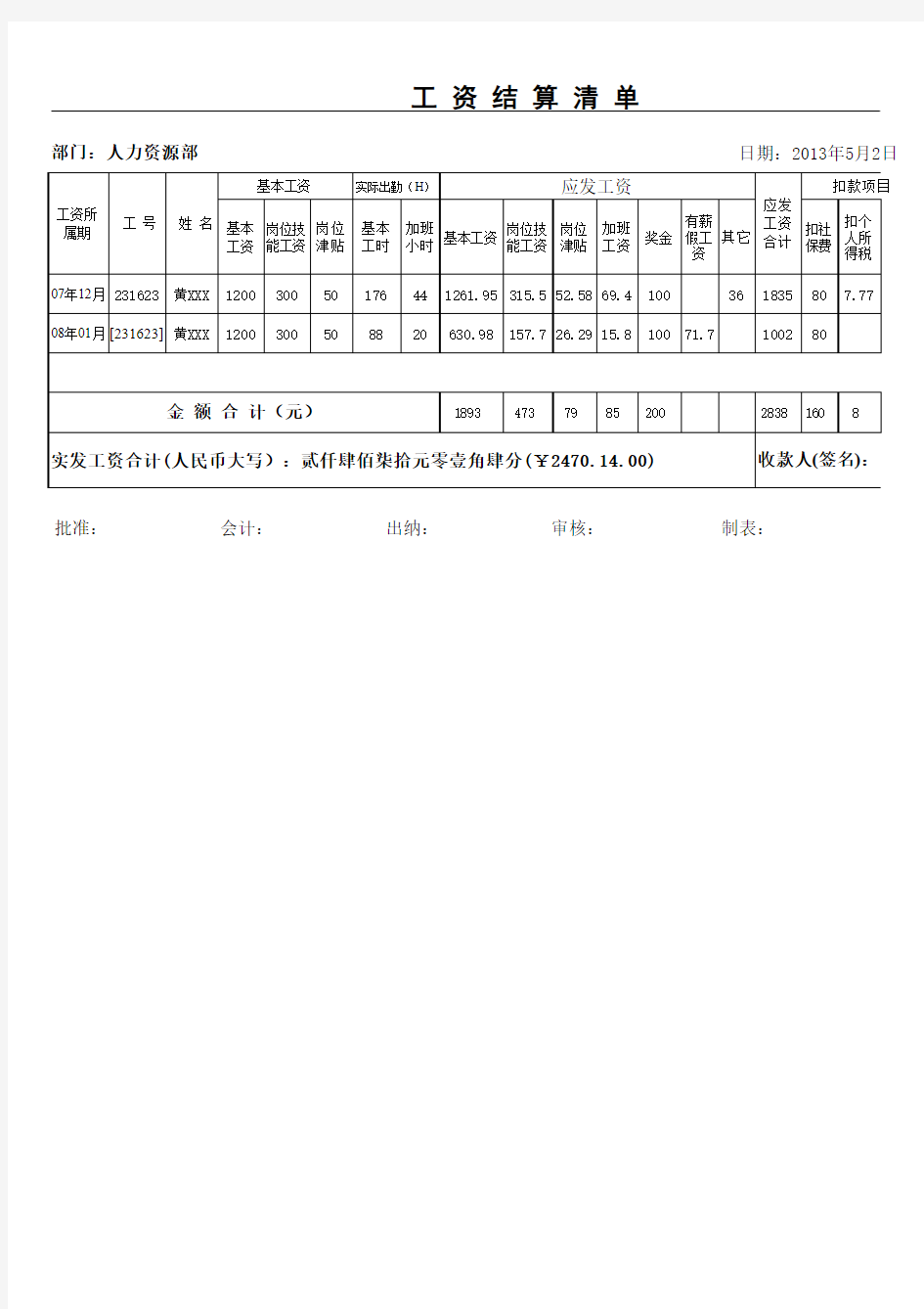 离职员工工资结算单(XLS)