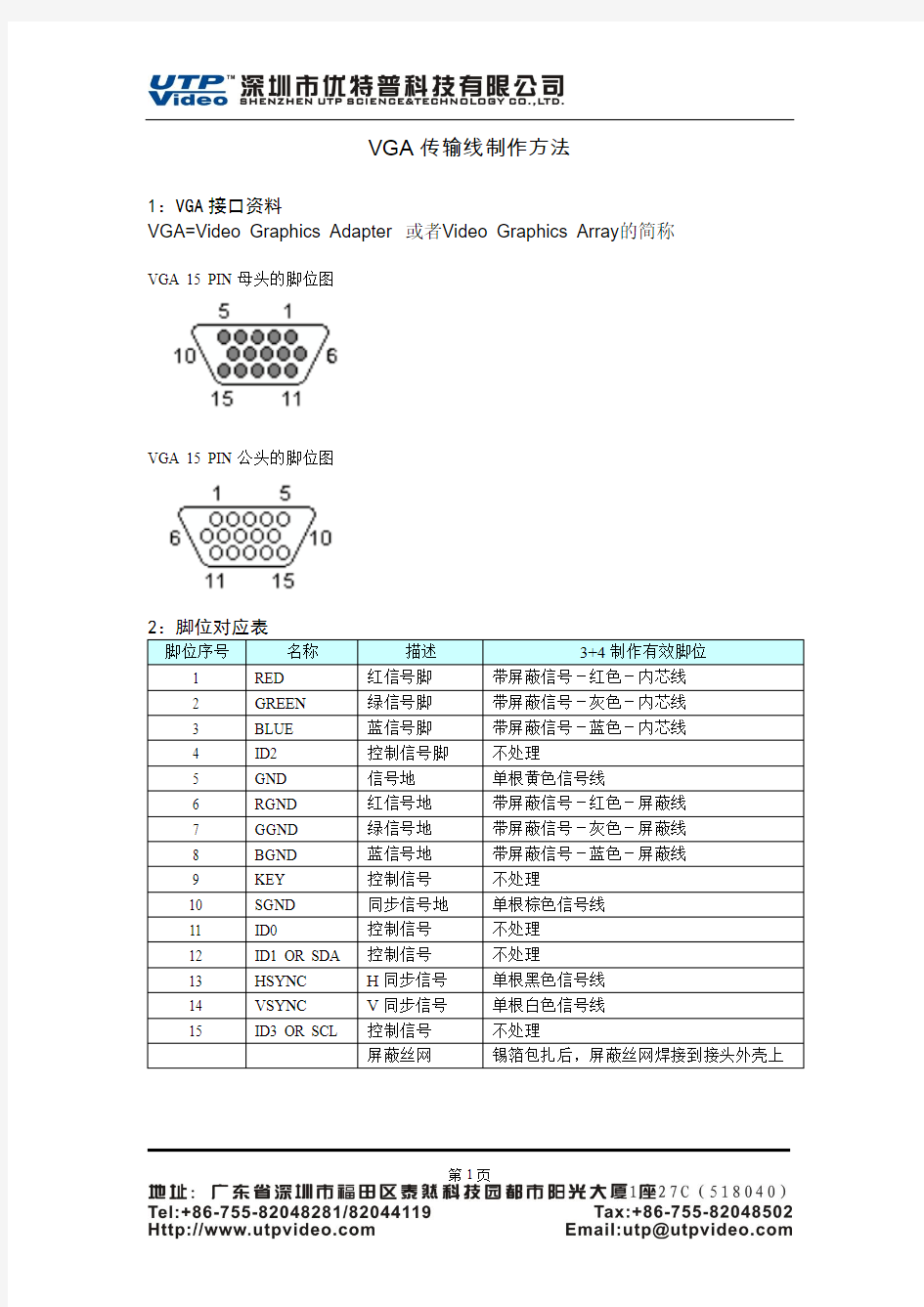 VGA传输线制作方法