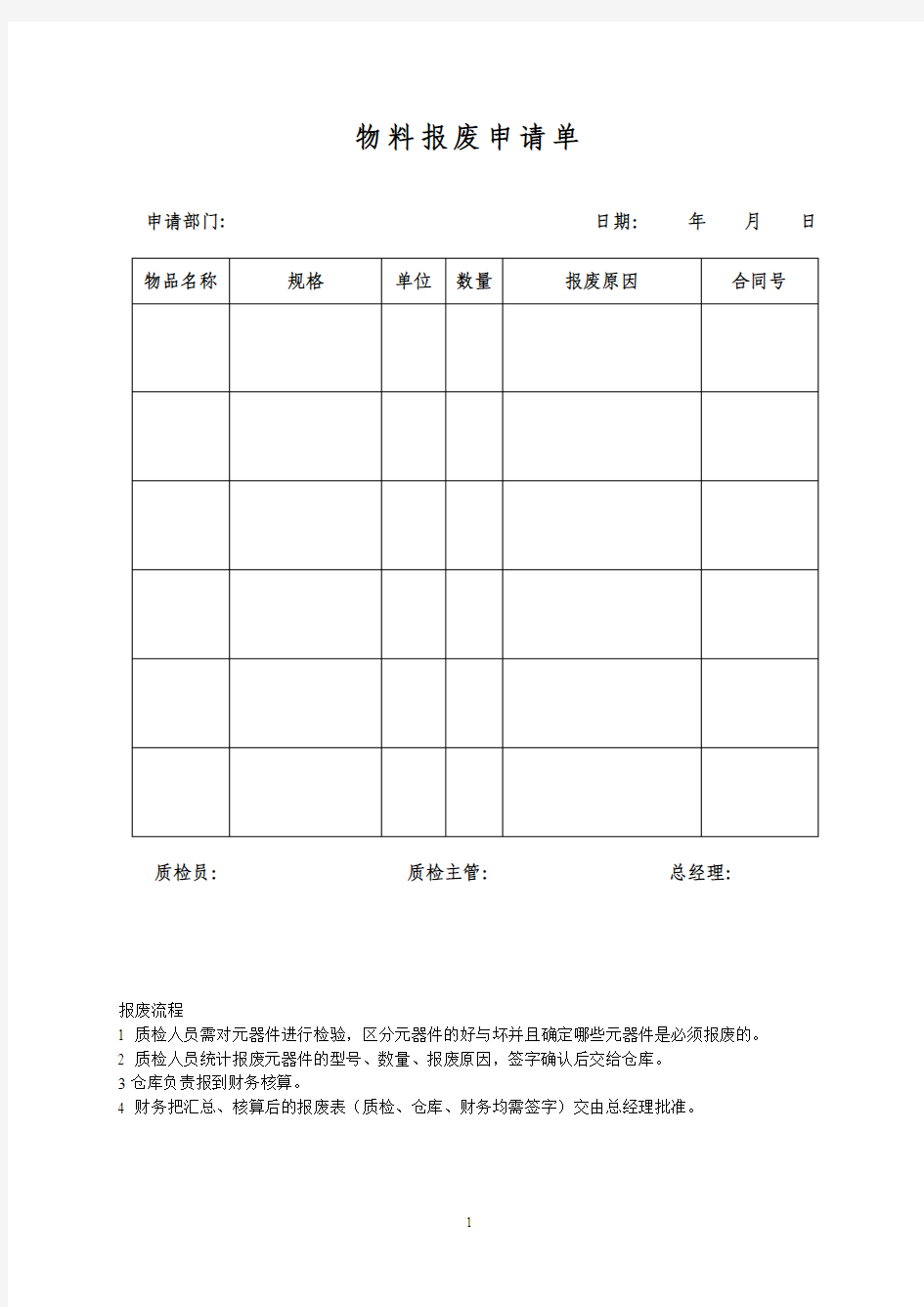 物料报废申请单