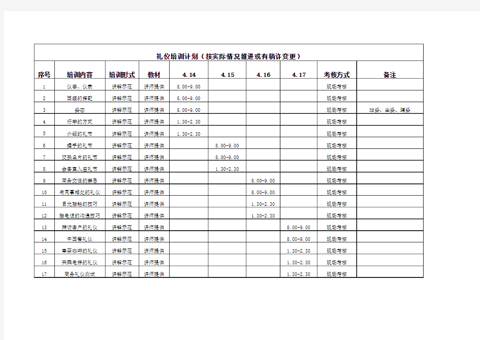 礼仪培训计划表