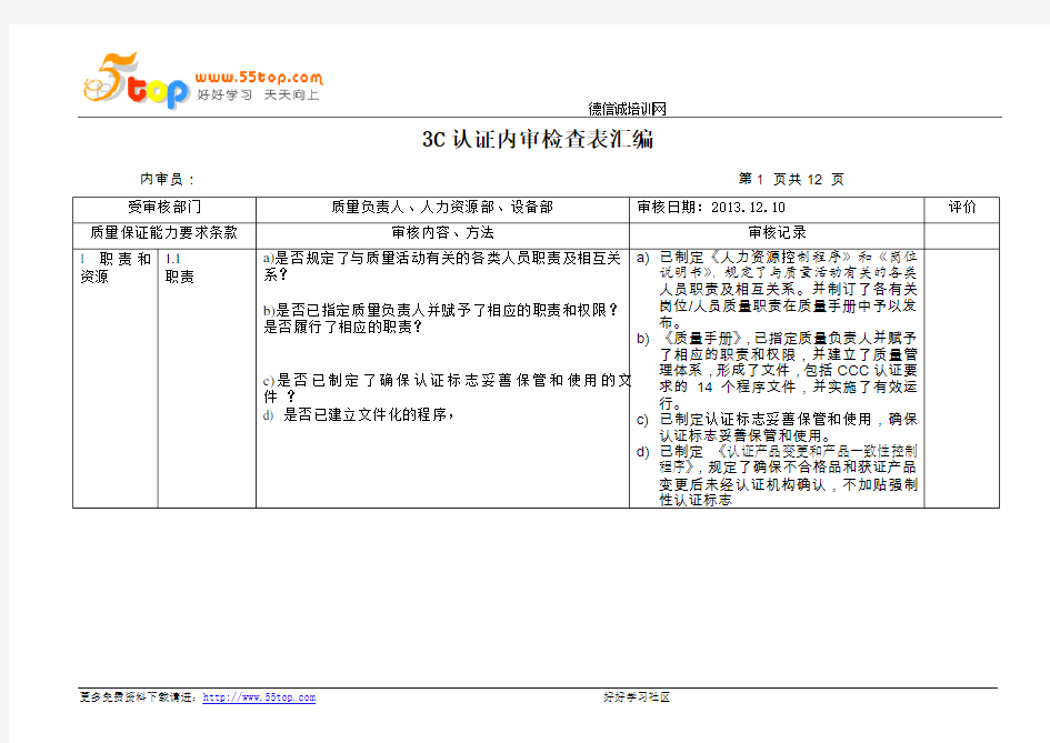 3C认证内审检查表汇编