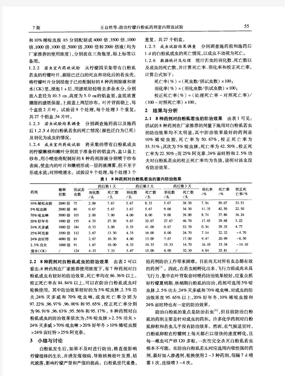 防治柠檬白粉虱药剂室内筛选试验