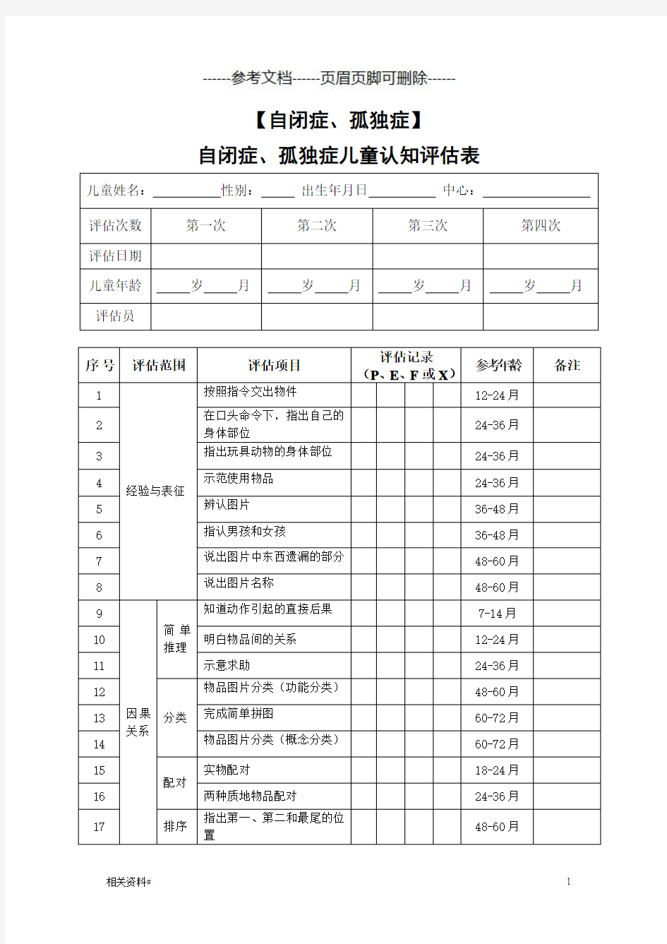 自闭症、孤独症儿童认知能力评估表(优质资料)