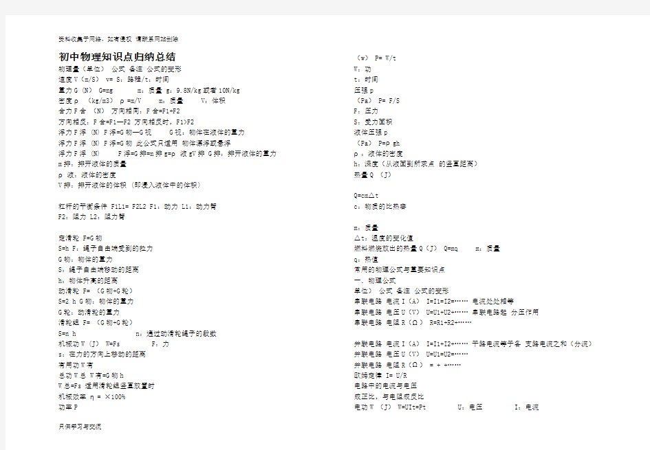 初中物理重要知识点总结全集