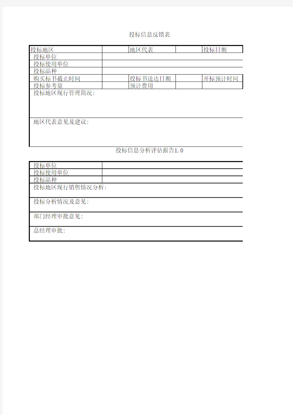 投标信息反馈表