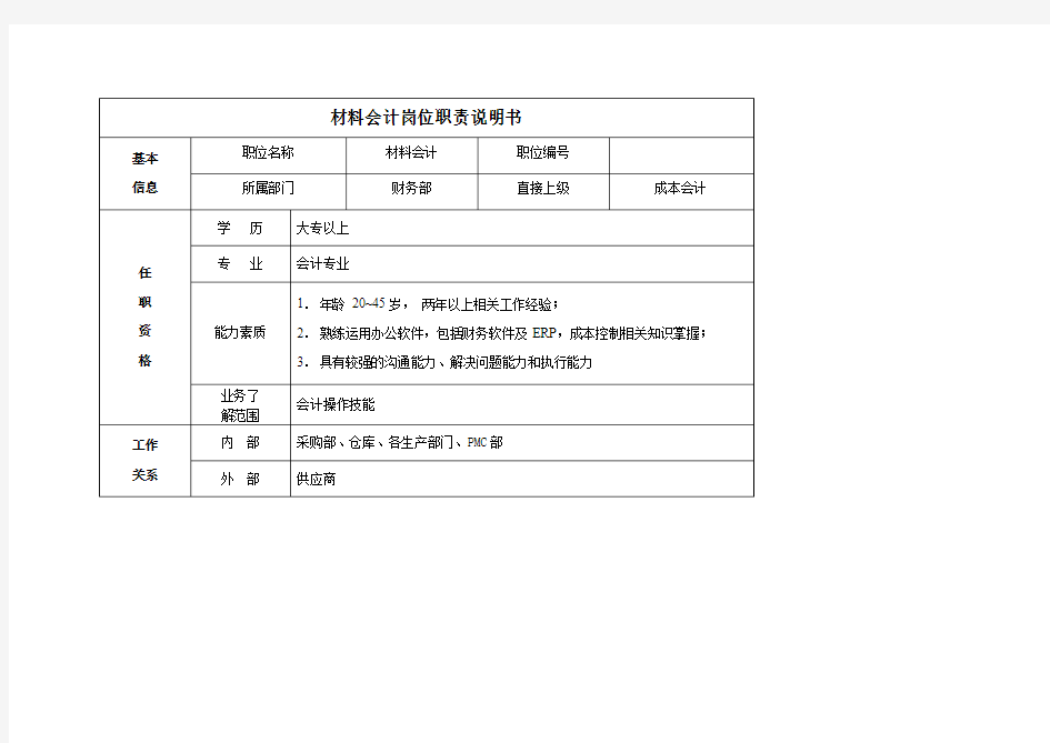 材料会计岗位职责说明书