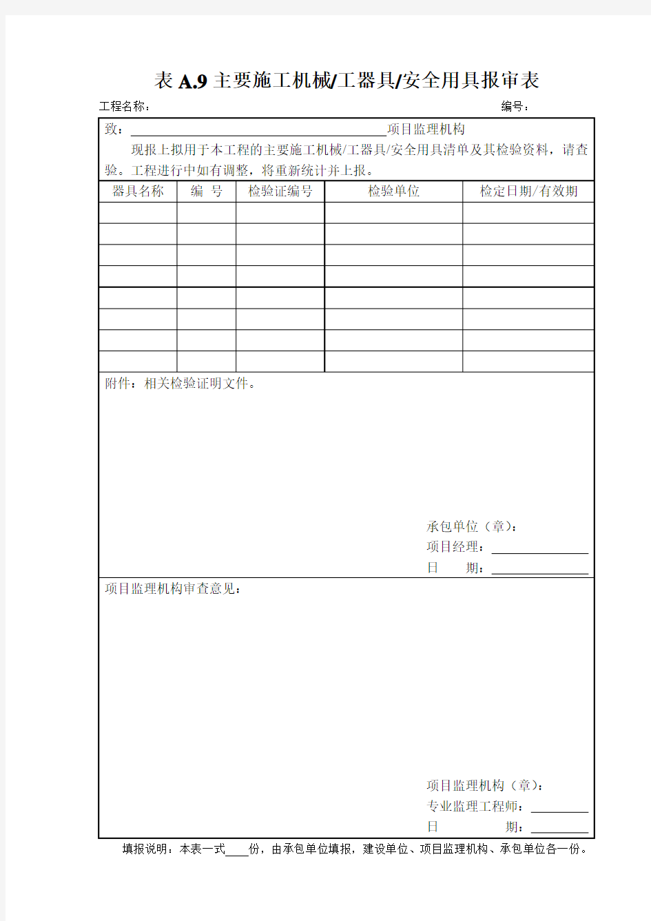 表A.9主要施工机械工器具安全用具报审表