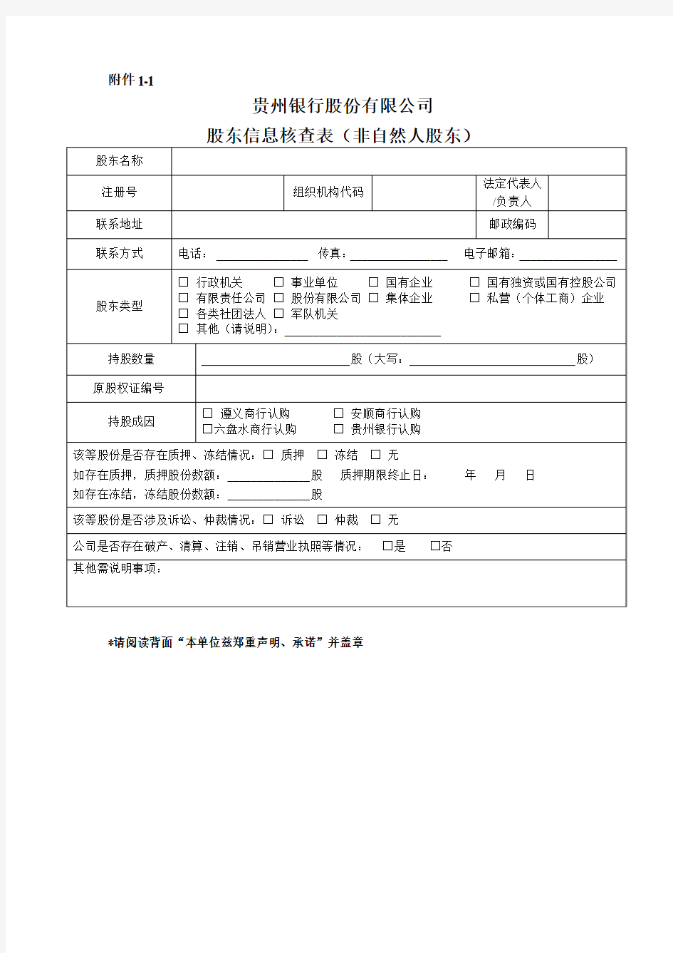 贵州银行股东信息核查表(非自然人股东)
