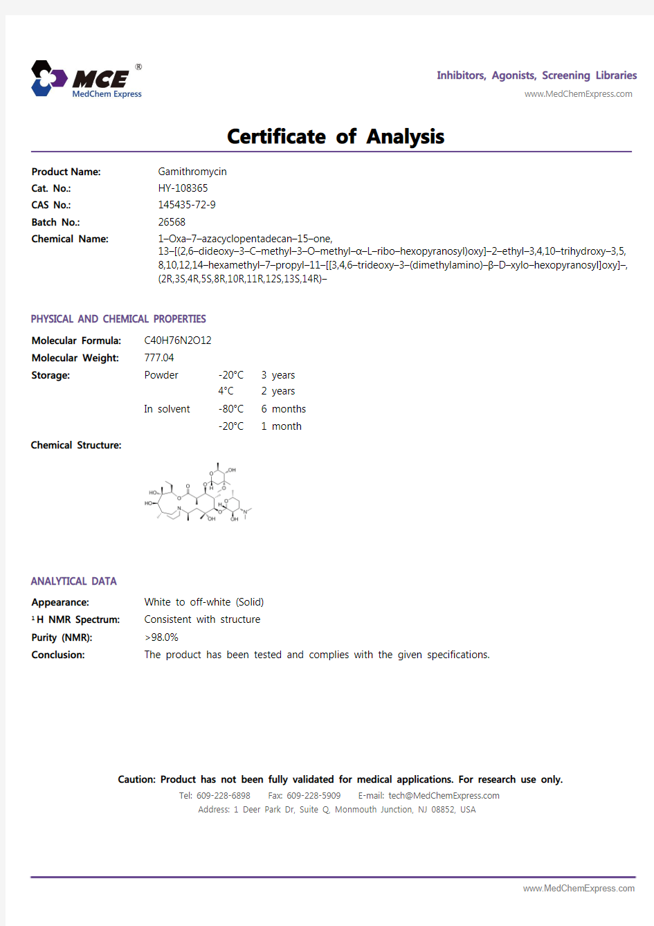 Gamithromycin_COA_26568_MedChemExpress