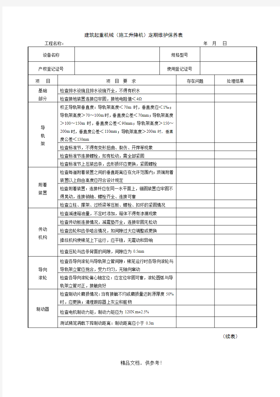 人货电梯的维护保养表