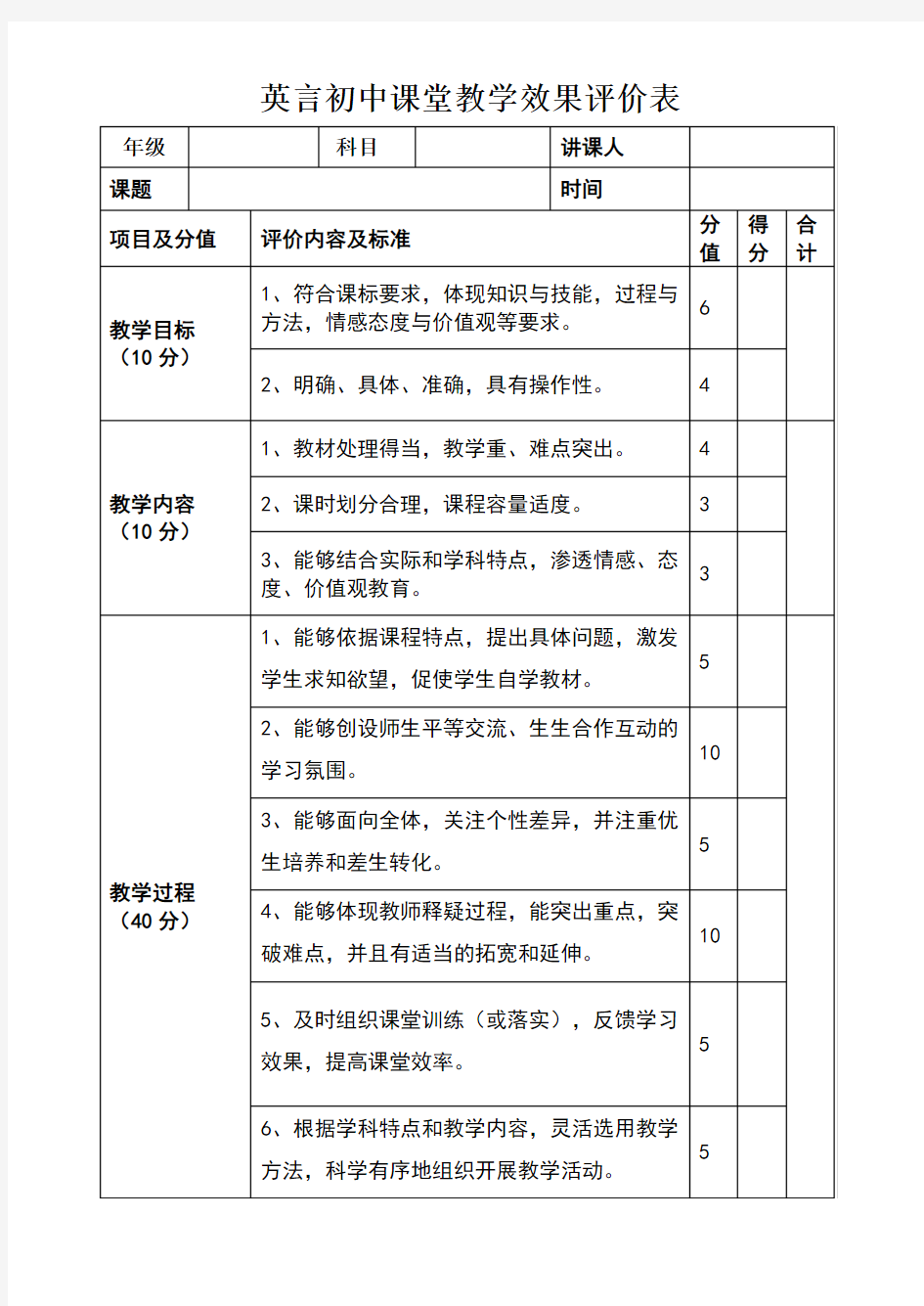 课堂教学效果评价表