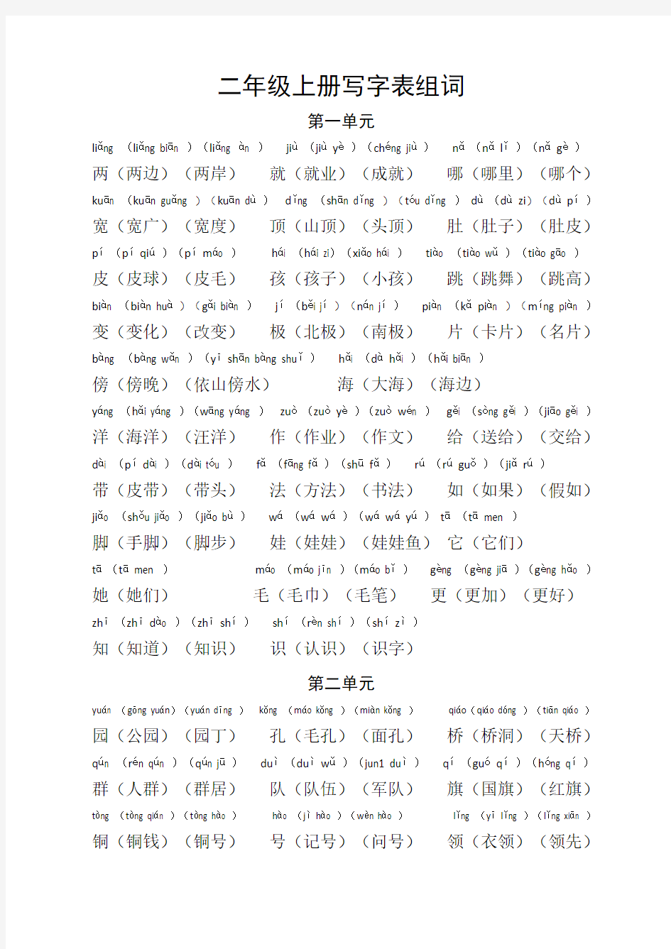 部编人教版语文二年级上册写字表组词(拼音版)