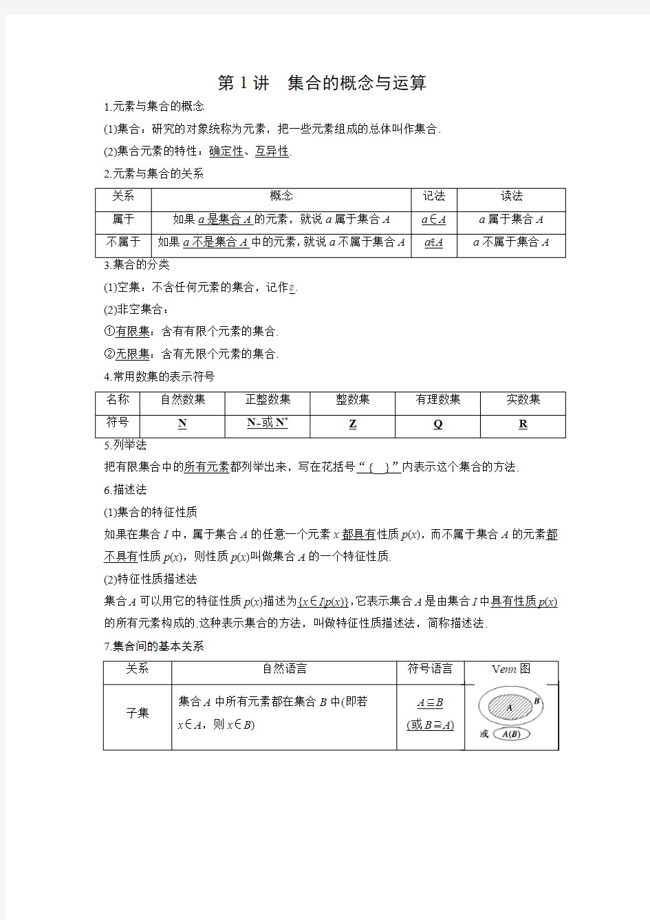 2019版新教材数学课外辅导讲义——第一册第1讲 集合的概念与运算