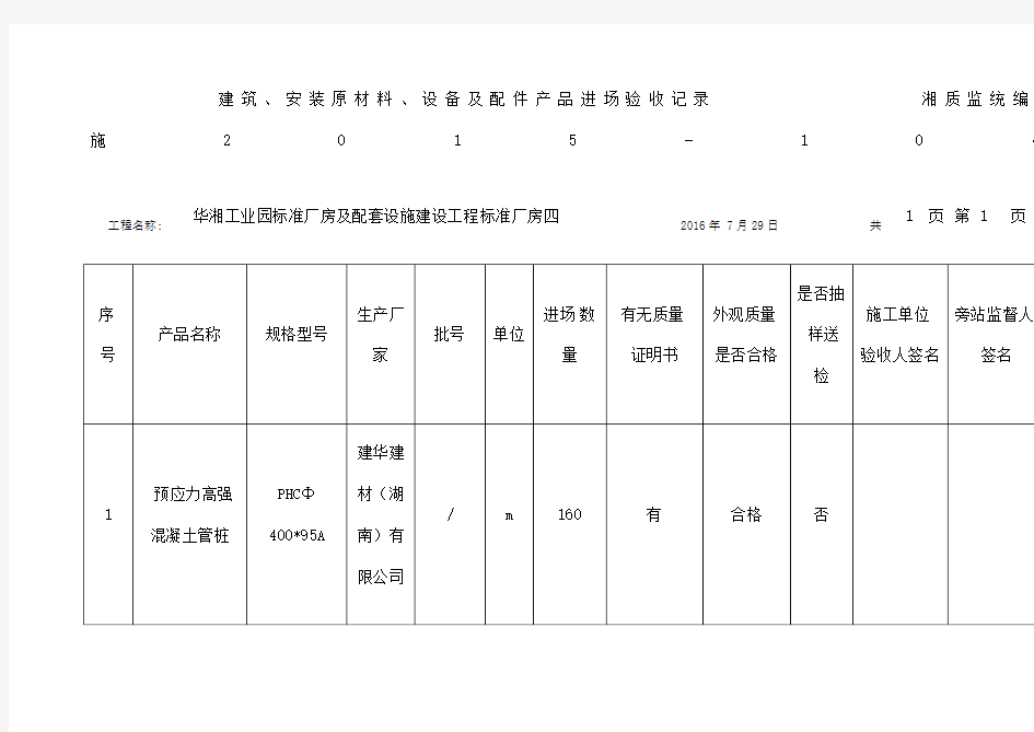 建筑 安装原材料 设备及配件产品进场验收记录