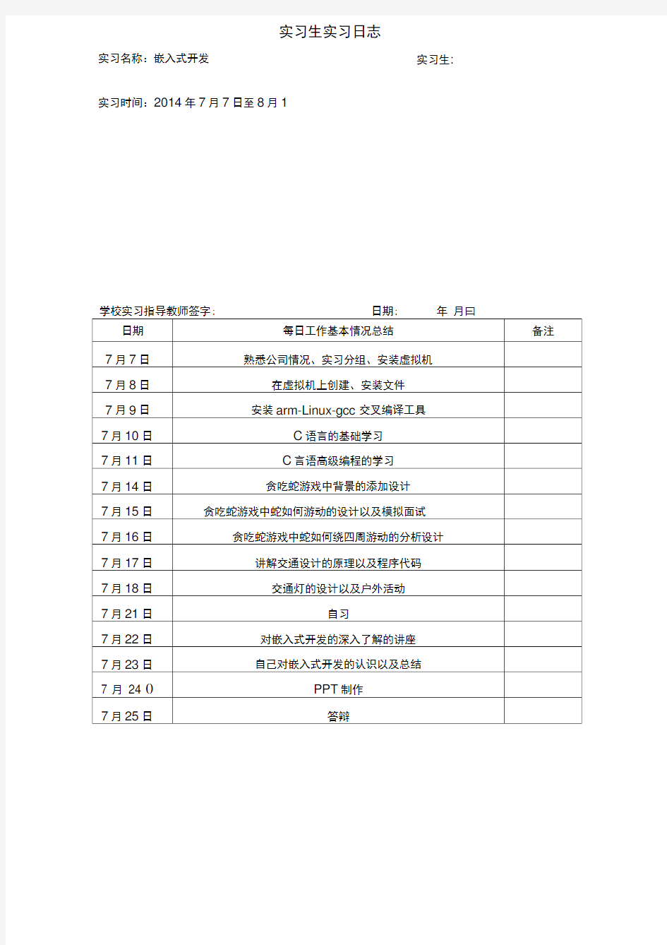 嵌入式实习生实习日志