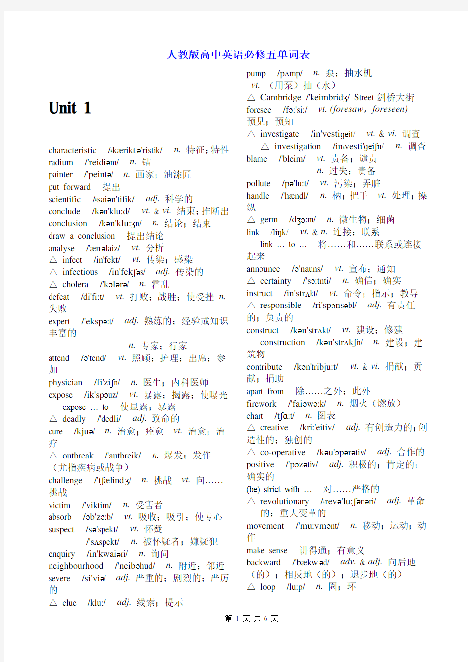 (完整版)人教版高中英语必修五单词表