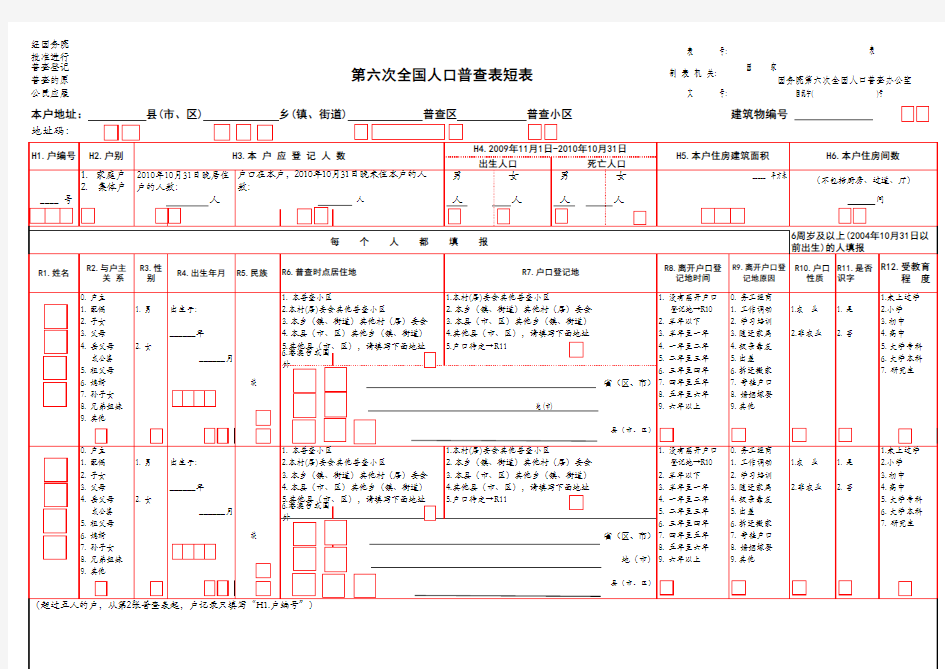 第六次全国人口普查表短表