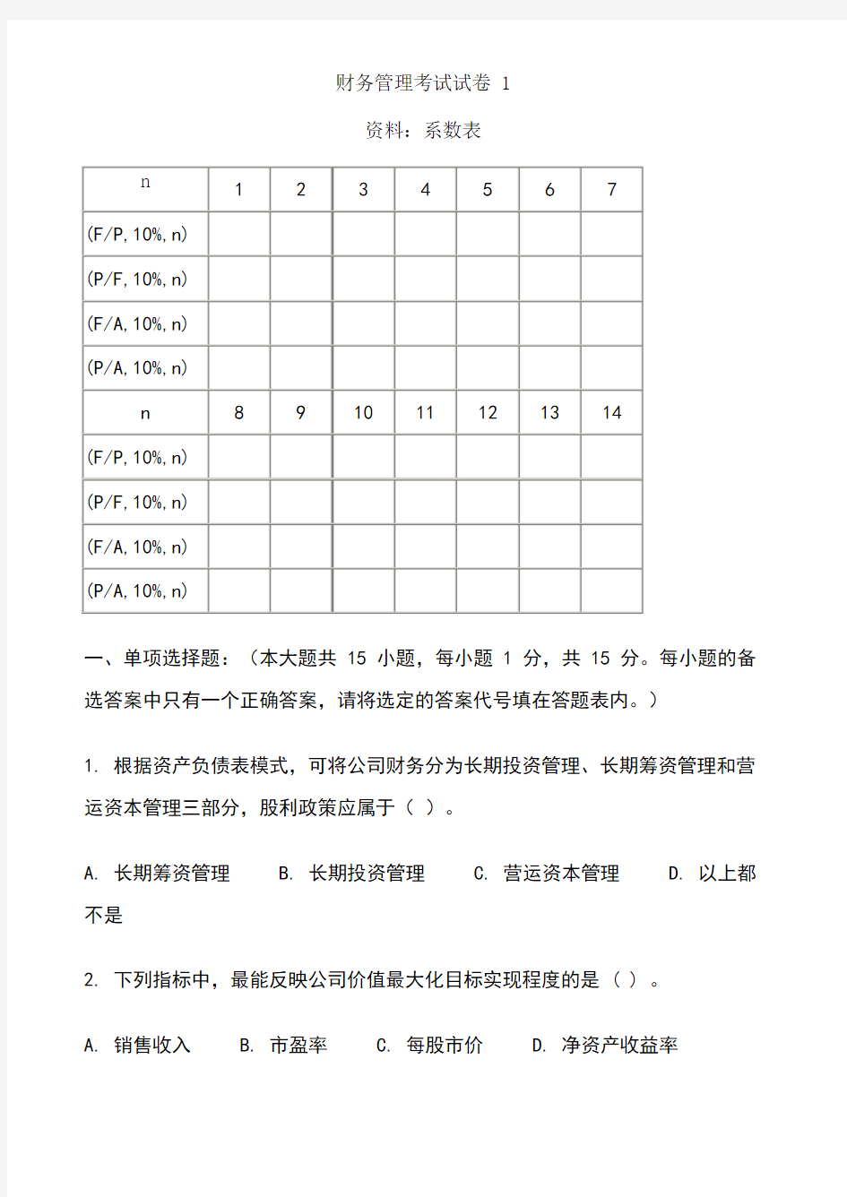 财务管理试卷及答案5套