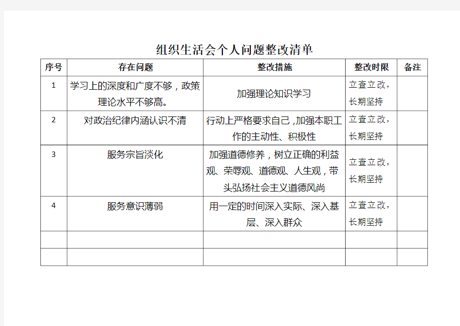 个人问题整改清单