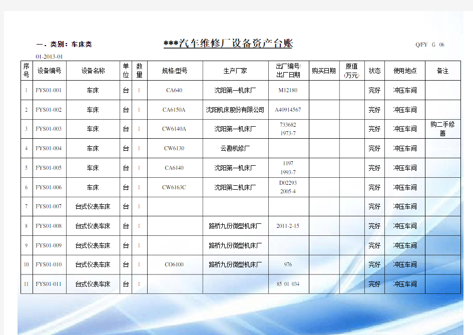 设备台账登记表表