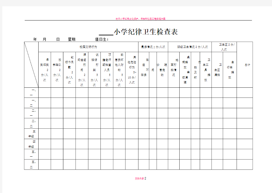 小学纪律卫生检查表、检查制度