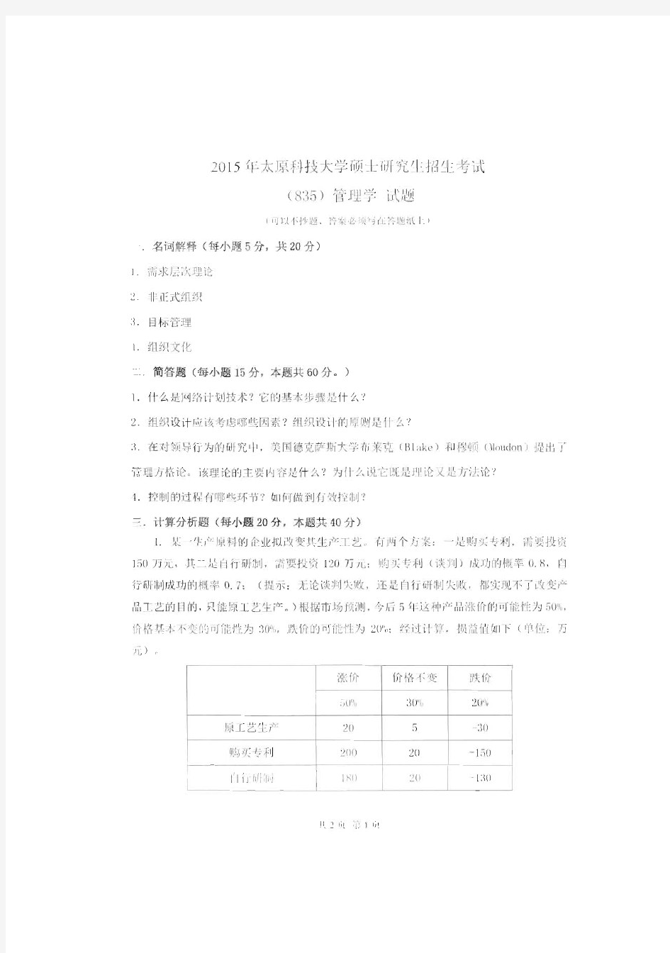 太原科技大学835管理学2015-2016年考研真题汇编