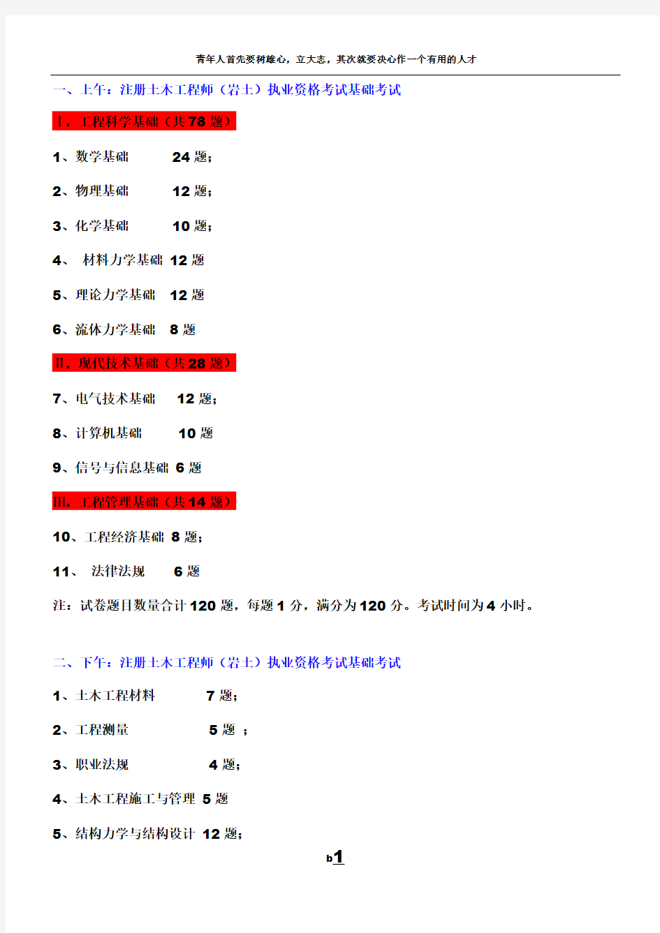 岩土工程师基础考试科目及题量分值分布