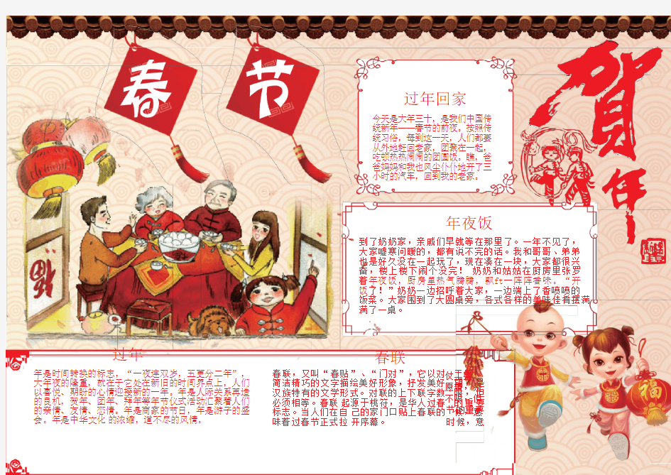 春节新年快乐电子小报模板A4横排可编辑Word版