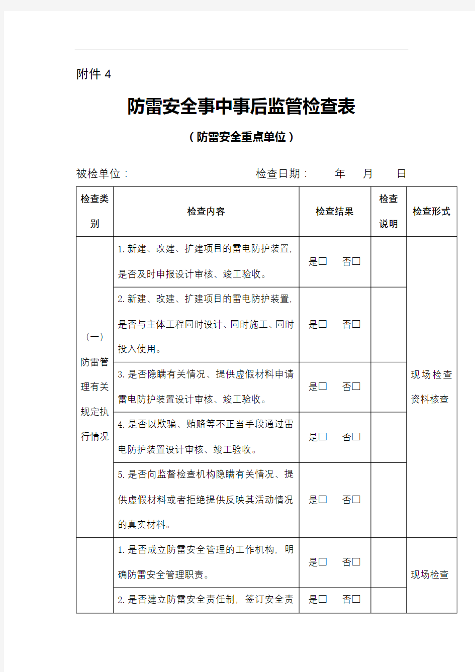 防雷安全事中事后监管检查表(防雷安全重点单位)【模板】