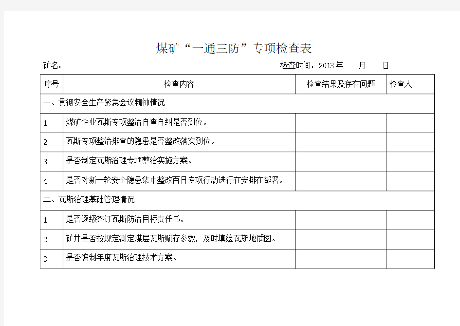 煤矿“一通三防”专项检查表