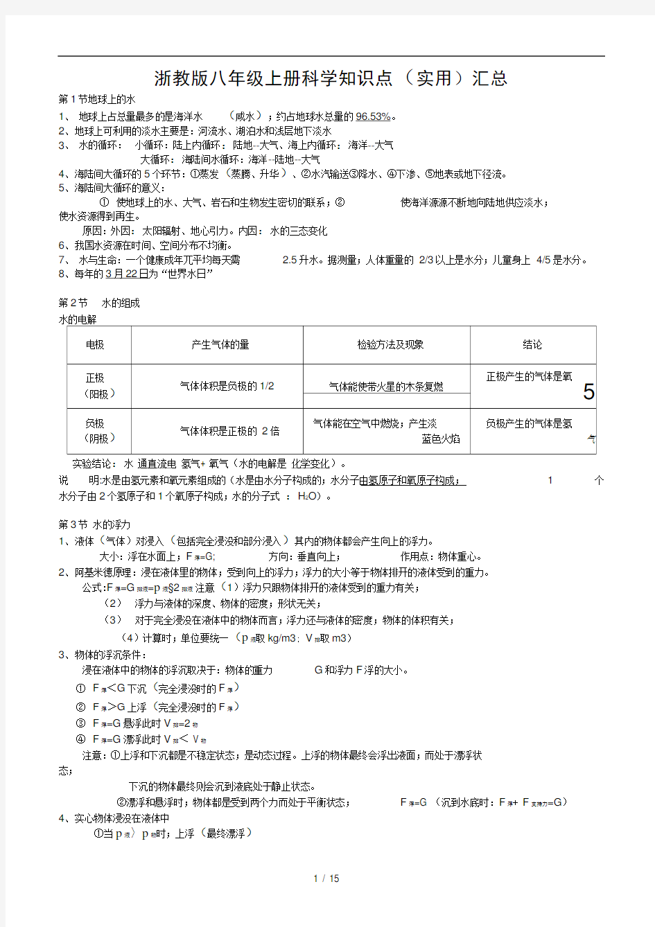 浙教版八年级上册科学知识点实用汇总