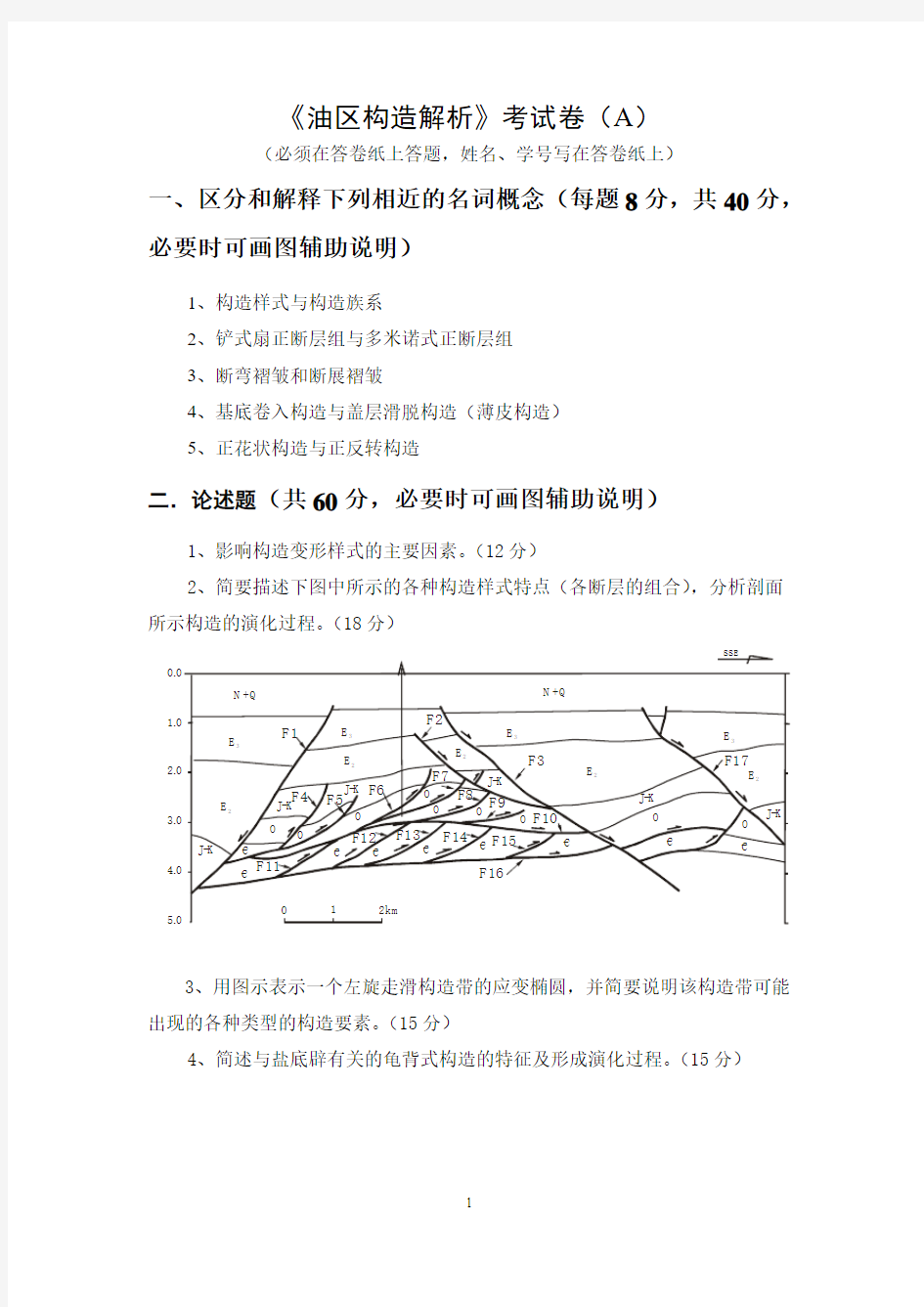 《油区构造解析》考试卷(A)及参考答案