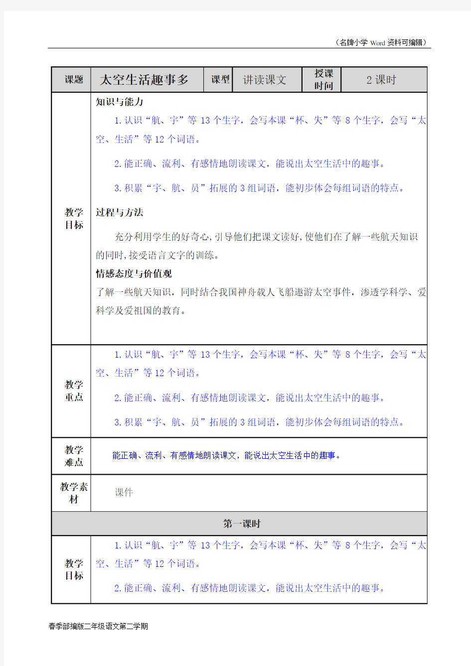 部编版二年级语文下册《太空生活趣事多》教案