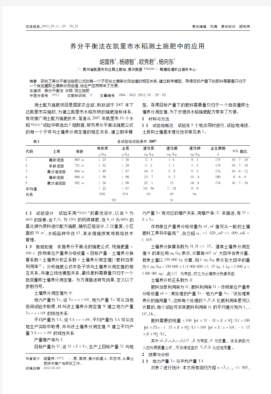 养分平衡法在凯里市水稻测土施肥中的应用