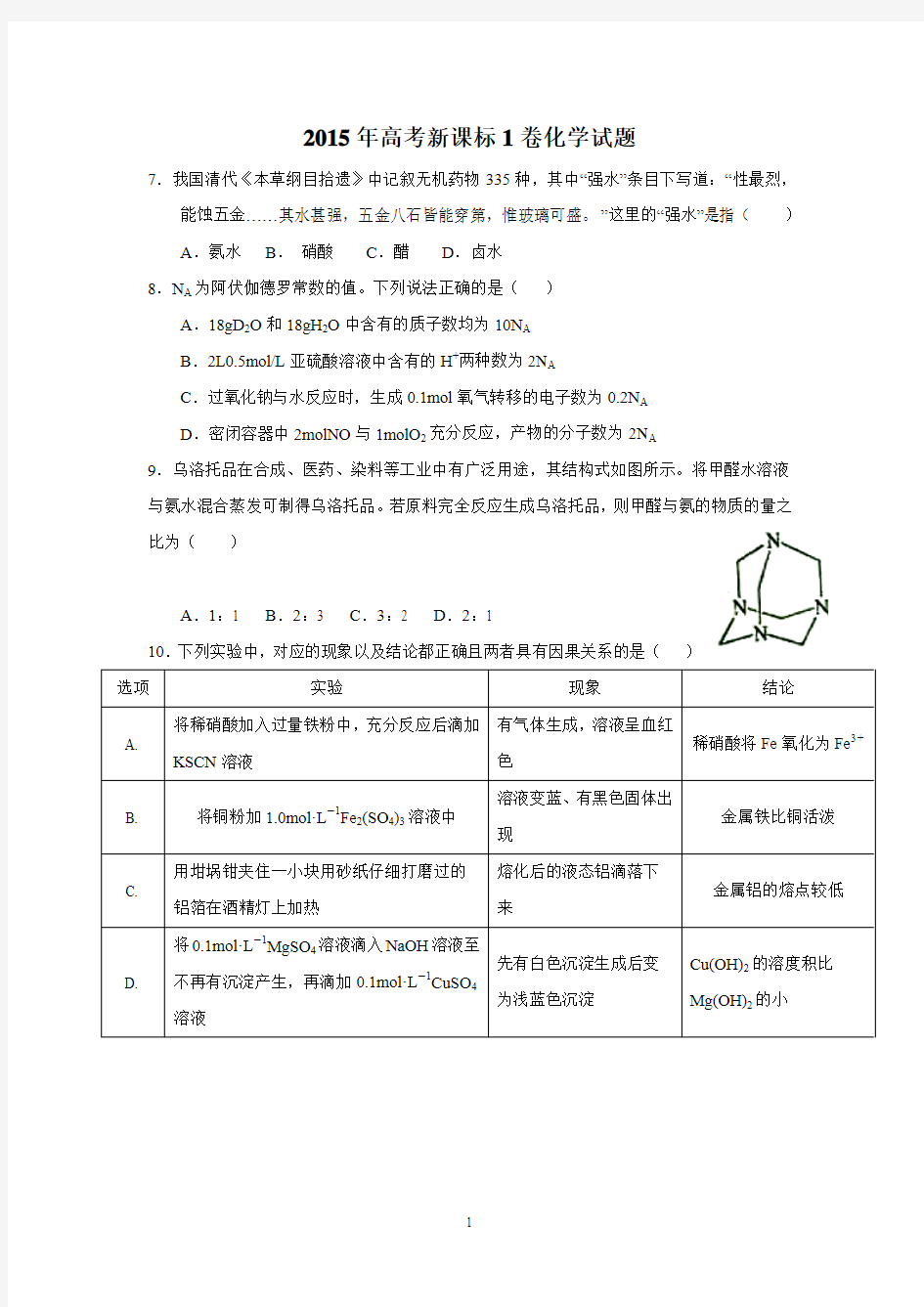 15年高考化学全国1卷2015年