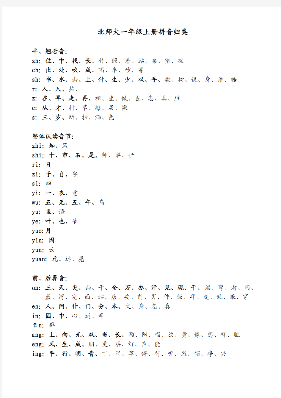 北师大语文一年级上册易混淆拼音归类