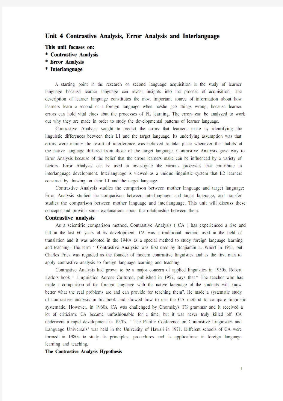 Contrastive Analysis & Error Analysis and Interlanguage