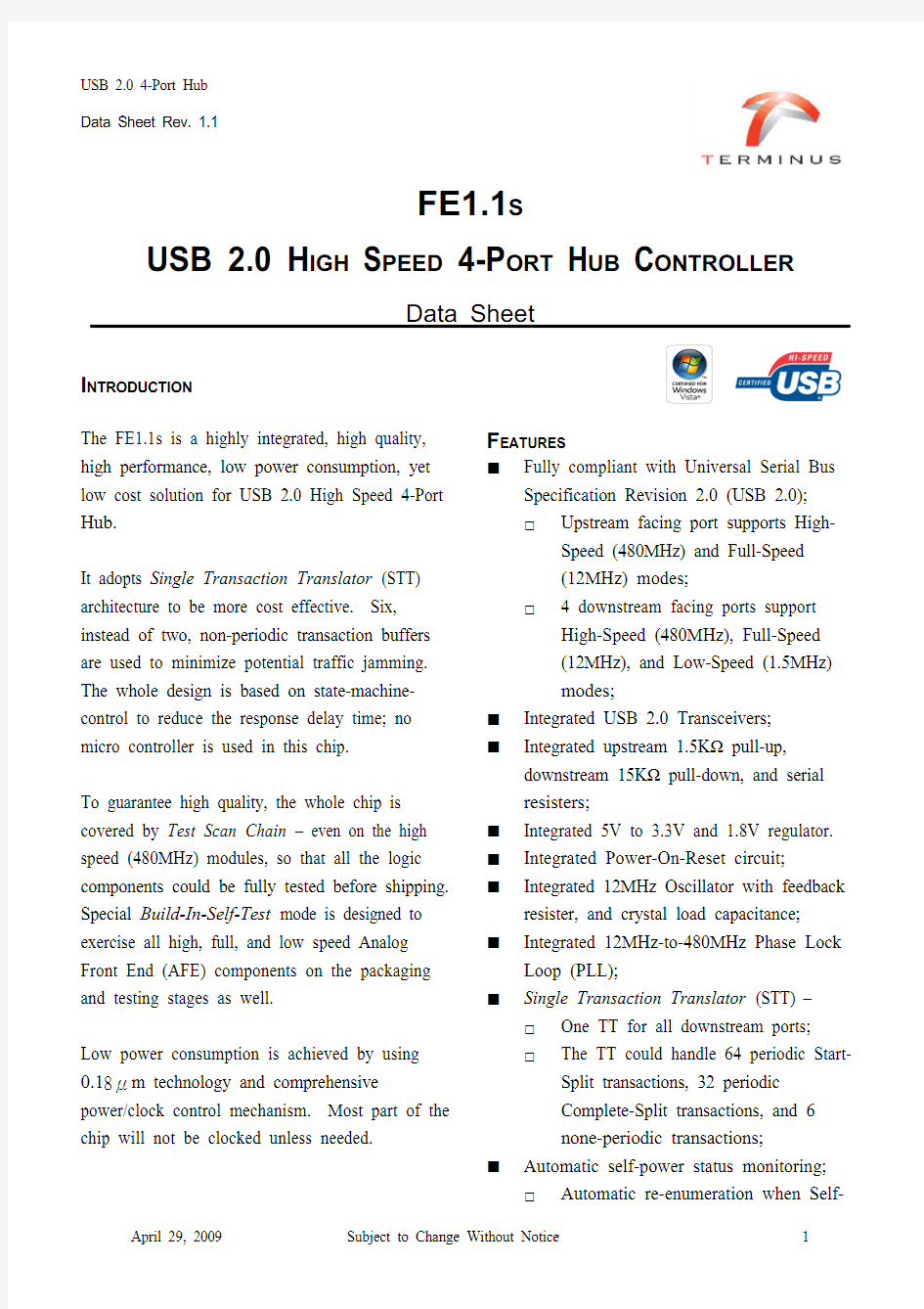 FE1.1s Data Sheet (Rev. 1.1) USB-HUB扩展芯片