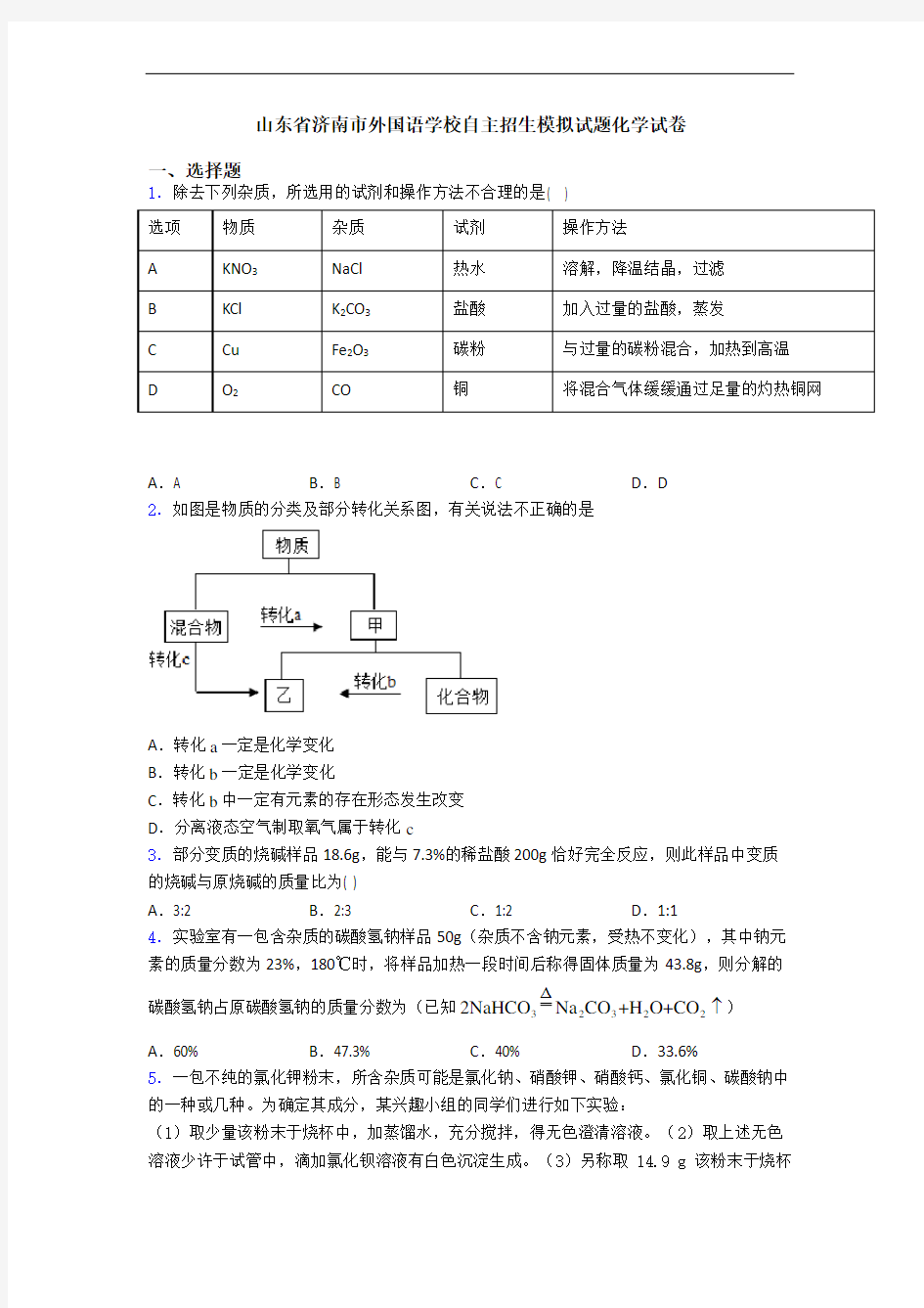 山东省济南市外国语学校自主招生模拟试题化学试卷