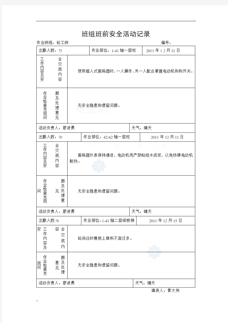 砼工班组班前安全活动记录