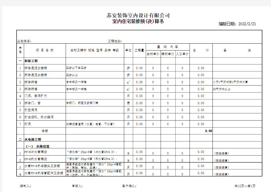 室内装修预算书完整版(模版)