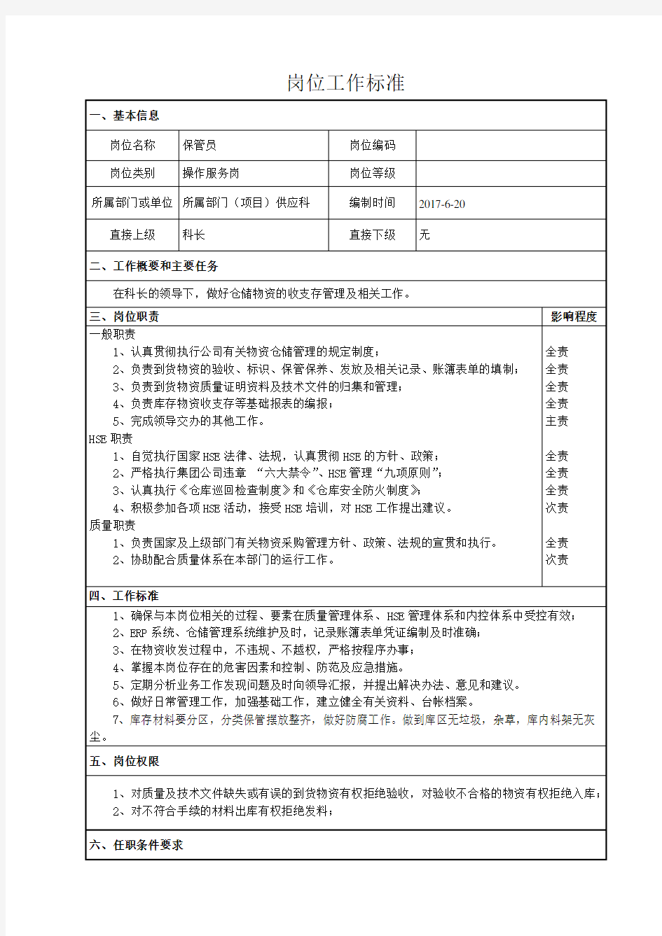 11. 保管员岗位工作标准