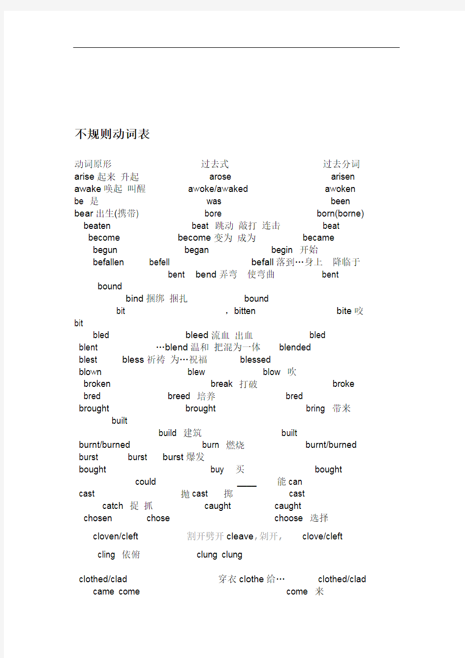 完整版英语不规则动词表大全