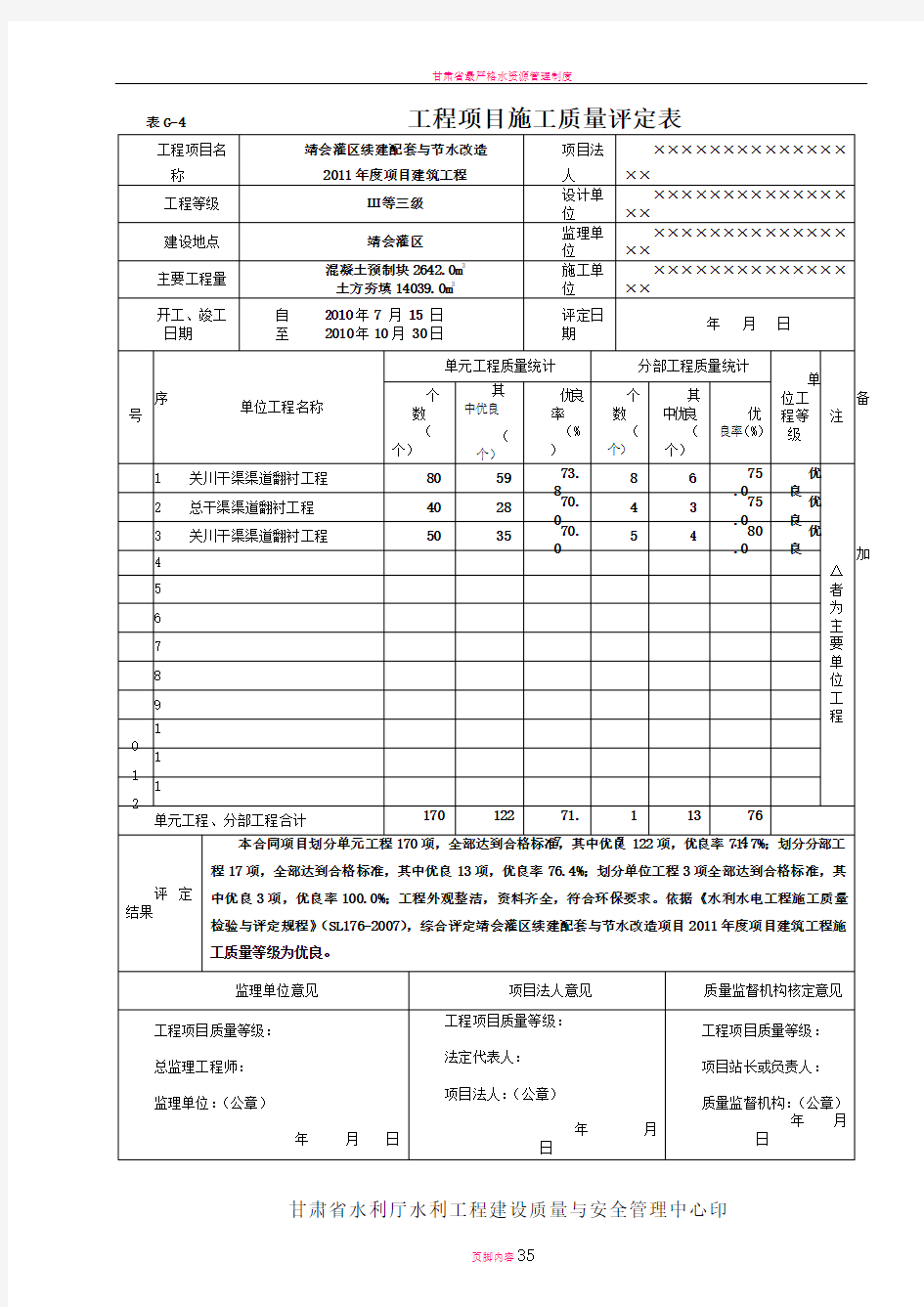 甘肃省水利渠道工程质量检验评定表